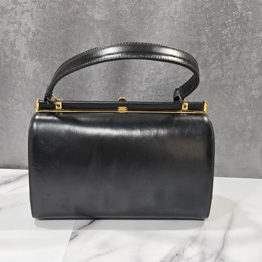 VTg 50s 60s Black Leather Kelly Frame Handbag Top Handle Purse Canada Mad Men